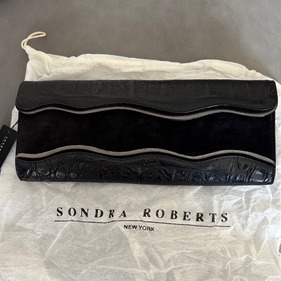 Sondra Roberts black suede leather crocodile clutch, detachable crossbody strap